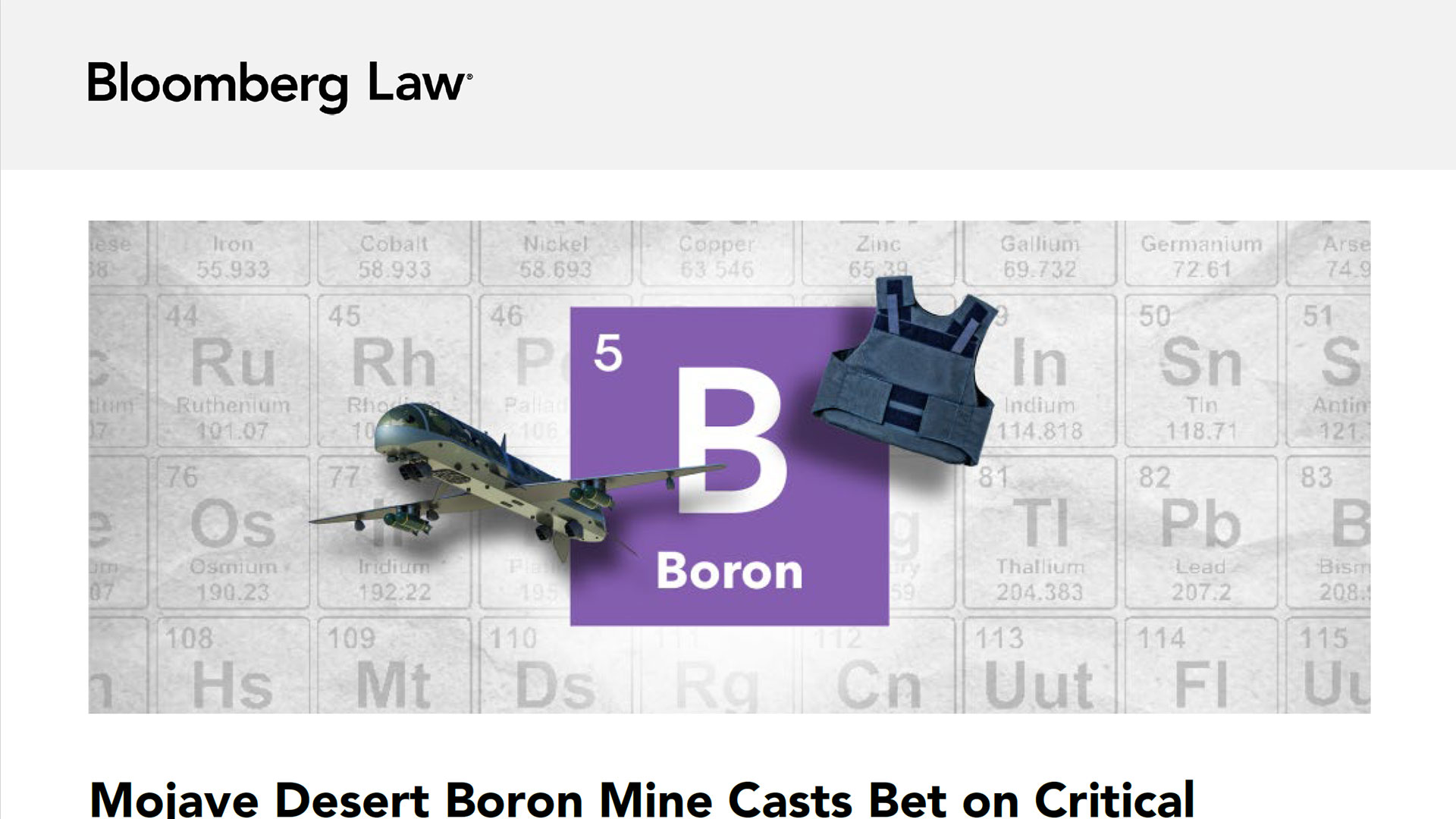 Bloomberg Law - Mojave Desert Boron Mine Casts Bet on Critical Mineral Label